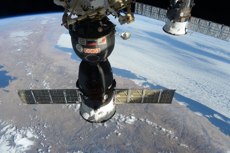 View of Earth and Soyuz module from the ISS